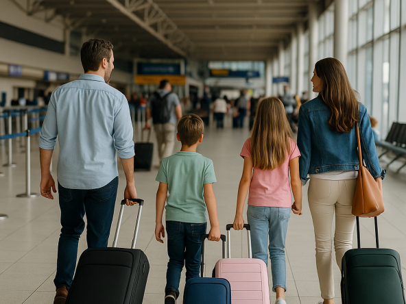 Família com malas caminhando em aeroporto rumo à mudança para a Flórida