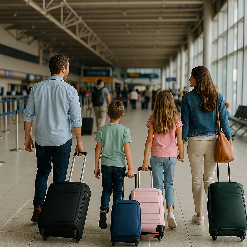 Família com malas caminhando em aeroporto rumo à mudança para a Flórida